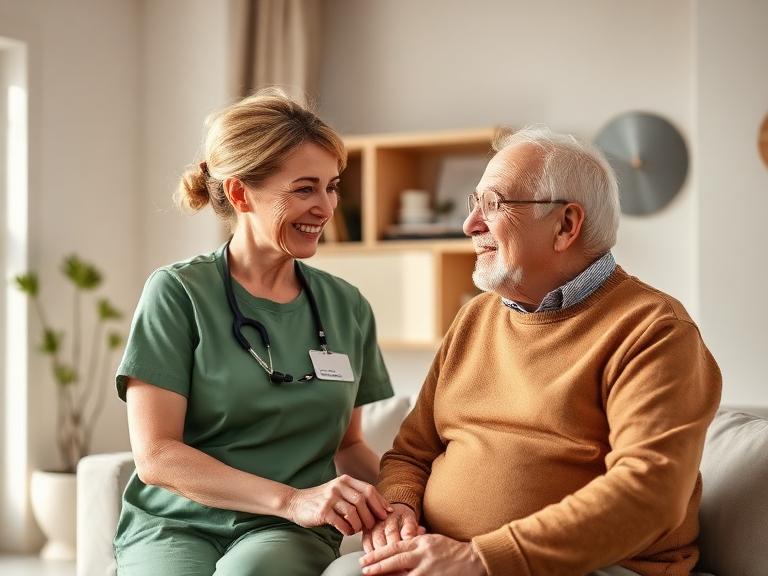 Caregiver assisting an older adult with home care services