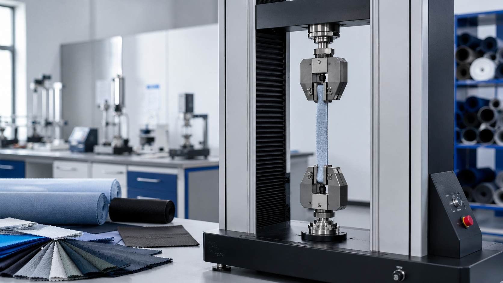 Tensile Testing machine testing fabric strength in a modern textile quality control laboratory with material samples and testing equipment.