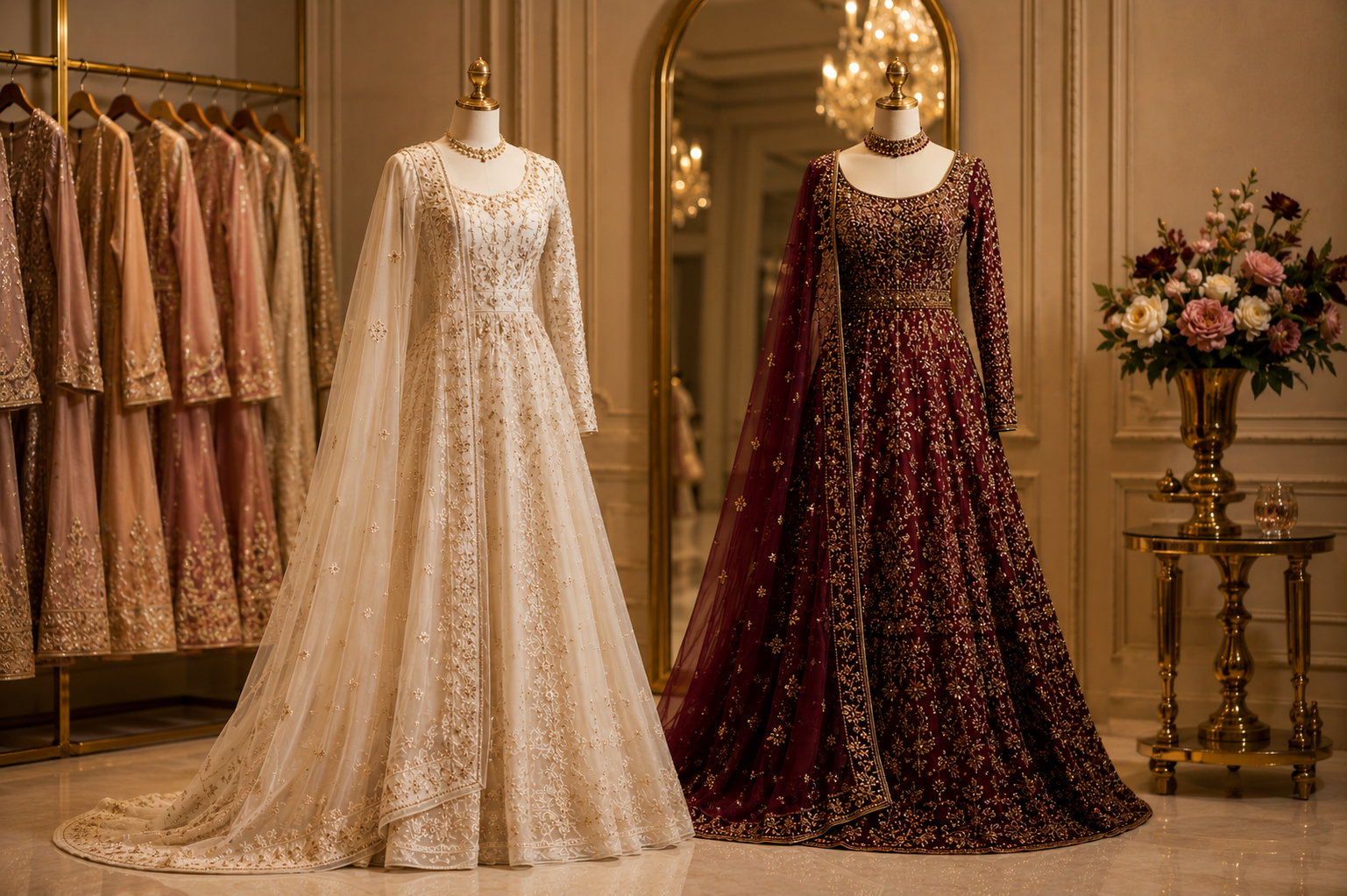 Custom bridal maxi and designer reception gown displayed at a bridal boutique