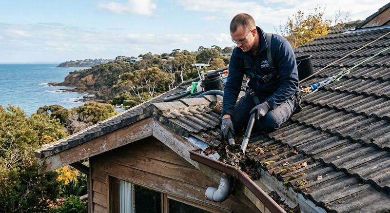 Professional gutter cleaning on the Mornington Peninsula roof